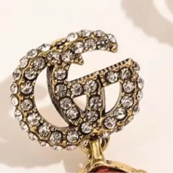 'ANTIQUE' STYLE RED OR BLUE DROP EARRINGS W RHINESTONE GG IN DESIGNER POUCH. - Picture 5 of 8